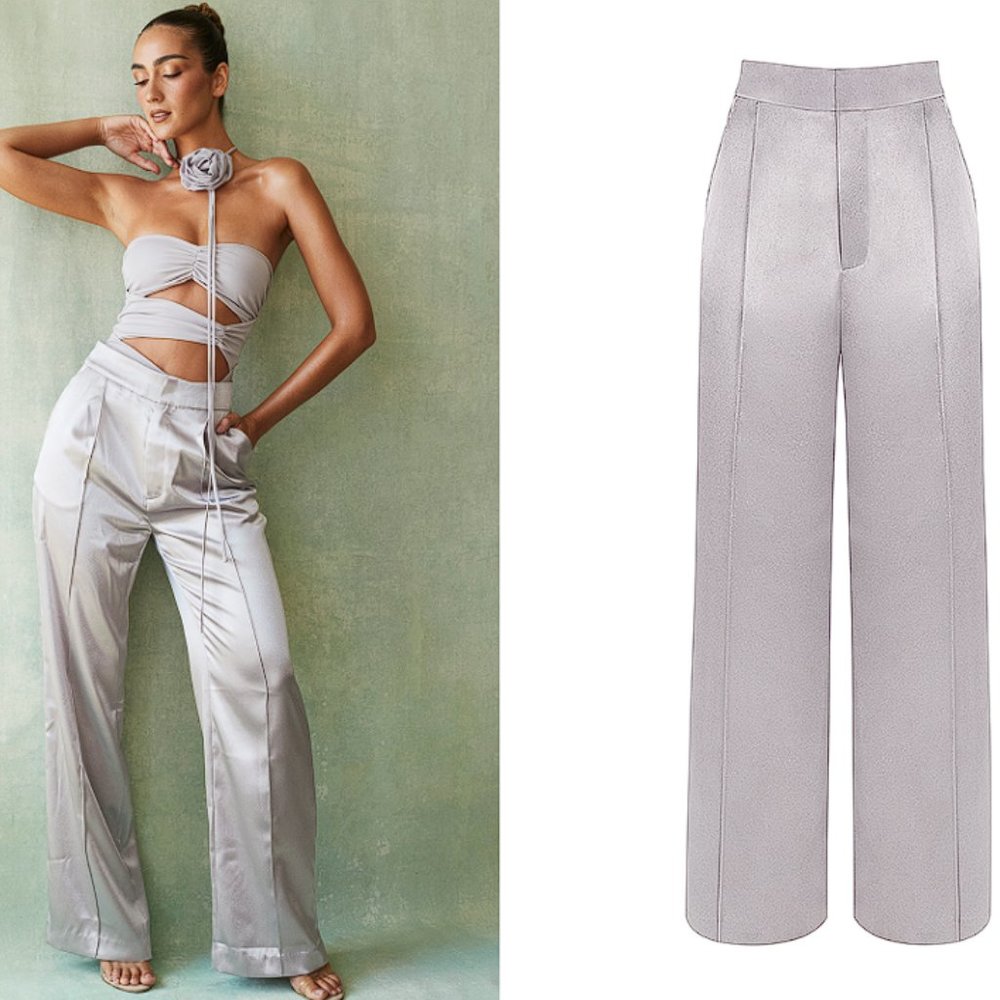 HOUSE OF CB 'Alivia' Grey Satin Trousers NWOT